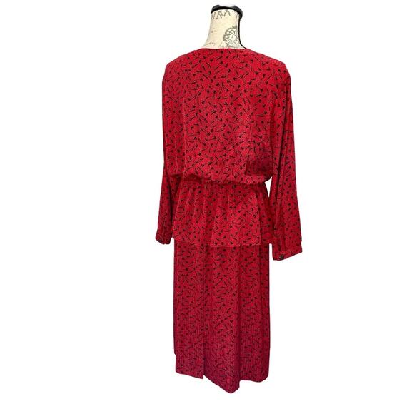Vintage 1980s Red & Black Handmade Chiffon Blouson Secretary Dress Size 8 Medium - Picture 7 of 11